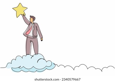 Single continuous line drawing success businessman reaching precious star. Business champion to get reward, winning star employee, career path, dream job. One line graphic design vector illustration