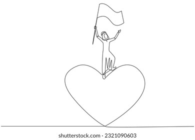 Single continuous line drawing of successful Arabian businessman standing on giant symbol heart raising flag of victory. Businessman with big heart doing charity. One line design vector illustration