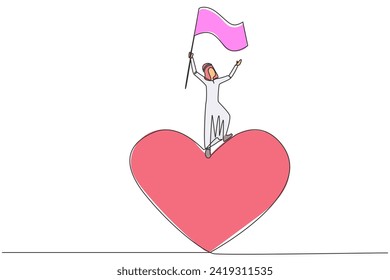 Single continuous line drawing of successful Arabian businessman standing on giant symbol heart raising flag of victory. Businessman with big heart doing charity. One line design vector illustration