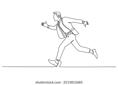 Single continuous line drawing successful businessman in formal suit run for work. Salesman running to meeting with client. Late for work. Business people. One line graphic design vector illustration