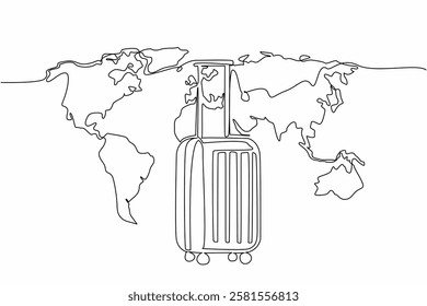 Single continuous line drawing suitcase with raised handle with world map background. Holiday season is the season for traveling. Abroad. National Tourism Day. One line design vector illustration