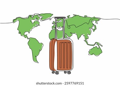 Single continuous line drawing suitcase with raised handle with world map background. Holiday season is the season for traveling. Abroad. National Tourism Day. One line design vector illustration