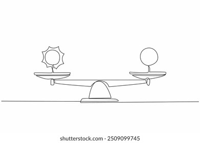 Linha contínua única desenhando o sol e a lua cheia nas escalas. Tempos diferentes com o mesmo período de tempo. Igual. Equilibrado. Fenômenos. Equinócio de primavera. Ilustração de vetor de design de uma linha