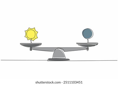 Linha contínua única desenhando o sol e a lua cheia nas escalas. Tempos diferentes com o mesmo período de tempo. Igual. Equilibrado. Fenômenos. Equinócio de primavera. Ilustração de vetor de design de uma linha