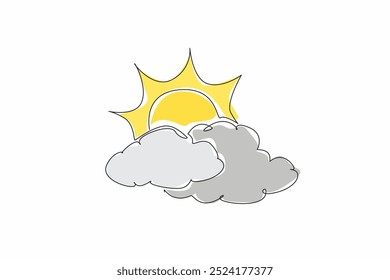 Single continuous line drawing the sun is covered by clouds. The weather quite sunny all day. Use sunscreen to protect from sunburn. National Weatherperson's Day. One line design vector illustration