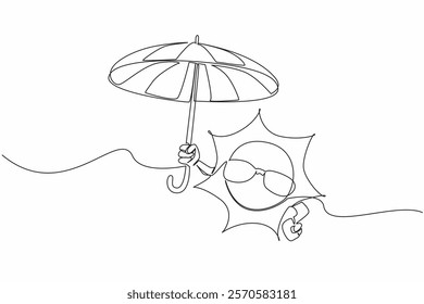 Single continuous line drawing sun wearing sunglasses holding big umbrella. Take a vacation to the beach, stay sheltered. Global warming. International Sun Day. One line design vector illustration