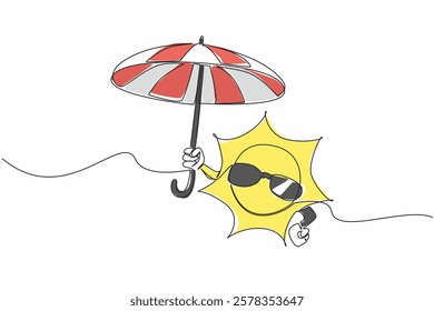 Single continuous line drawing sun wearing sunglasses holding big umbrella. Take a vacation to the beach, stay sheltered. Global warming. International Sun Day. One line design vector illustration