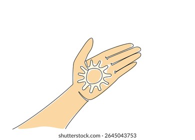 Single continuous line drawing sun shaped cream on the palm. Lotion that protects the skin. Best friends when summer comes. Care. Vacation. National Sunscreen Day. One line design vector illustration