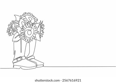 Single continuous line drawing sunflower in a pair of boots. Cowboy tending sunflower field in farmhouse. Floral. International Sunflower Guerilla Gardening Day. One line design vector illustration