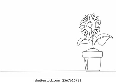 Single continuous line drawing sunflower plants planted in pots. Cultivation. Sunflower seeds become snacks. Bud. International Sunflower Guerilla Gardening Day. One line design vector illustration