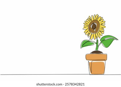 Single continuous line drawing sunflower plants planted in pots. Cultivation. Sunflower seeds become snacks. Bud. International Sunflower Guerilla Gardening Day. One line design vector illustration