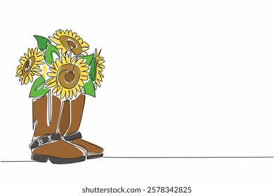 Single continuous line drawing sunflower in a pair of boots. Cowboy tending sunflower field in farmhouse. Floral. International Sunflower Guerilla Gardening Day. One line design vector illustration