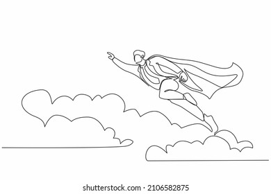 Una línea continua dibujando a un superempresario volando desde la nube. Liderazgo empresarial. Concepto de éxito de las finanzas empresariales. Idea creativa. ilustración vectorial de diseño gráfico de una línea dinámica