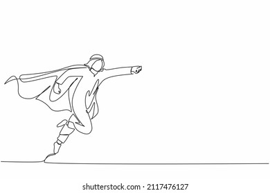 Single continuous line drawing super Arabian businessman punches pose, employee superhero flying, business concept power, success and overcome difficulties. One line graphic design vector illustration