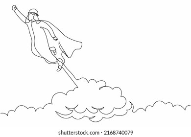 Single continuous line drawing super Arab businessman flying up to the cloud sky  Worker in cloak takes off  Power  uniqueness  start  up business idea  One line draw graphic design vector illustration