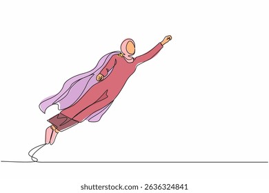 Single continuous line drawing super Arabian businesswoman raised fist and flying in the air. Superhero of business, financial, growth, career, leader. One line draw graphic design vector illustration