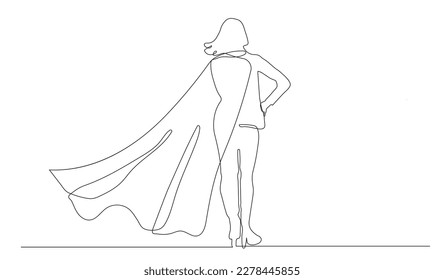 Single continuous line drawing superhero in cloak flutters in wind. Stands with her back. Successful businesswoman hero. Business success, leadership and victory. One line draw graphic design vector.