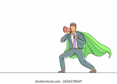 Single continuous line drawing superhero speaking in megaphone. Superhero in cape, happy businessman holding megaphone, successful team leader. Dynamic one line draw graphic design vector illustration