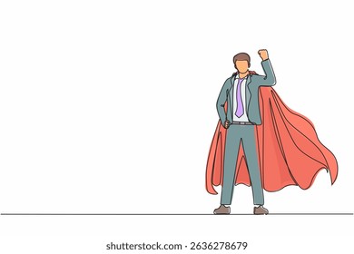 Single continuous line drawing superhero strong showing muscle. Superhero officer in action. Businessman character superhero. Office employees. Dynamic one line draw graphic design vector illustration