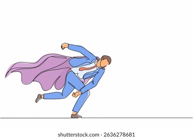 Single continuous line drawing superhero businessman punching breaking through problem. Elimination obstacles. Motivation to win, reliable leadership. One line draw graphic design vector illustration