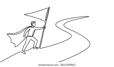 A single continuous line drawing of a superhero holding a flag while standing on a winding path, representing success and leadership.