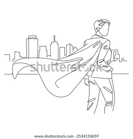 Single continuous line drawing, superhero in cloak flutters in wind. Stands with her back. Successful businesswoman hero. Superhero tearing shirt and wearing costume.