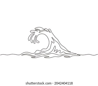 Single continuous line drawing surf ocean waves isolated on white background, also logo idea. Water splashes wave twirl isolated surge sparks breaker. One line draw graphic design vector illustration