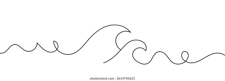 Single continuous line drawing surf ocean waves isolated on white background, also logo idea. Water splashes wave twirl isolated surge sparks breaker. One line draw graphic design vector illustration