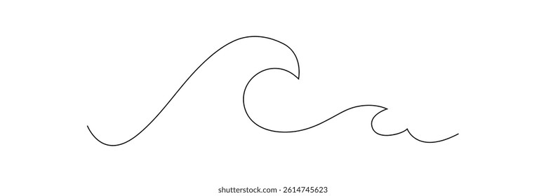 Single continuous line drawing surf ocean waves isolated on white background, also logo idea. Water splashes wave twirl isolated surge sparks breaker. One line draw graphic design vector illustration
