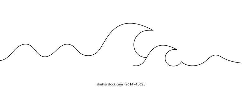 Single continuous line drawing surf ocean waves isolated on white background, also logo idea. Water splashes wave twirl isolated surge sparks breaker. One line draw graphic design vector illustration