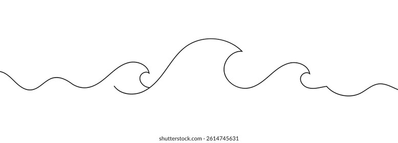 Single continuous line drawing surf ocean waves isolated on white background, also logo idea. Water splashes wave twirl isolated surge sparks breaker. One line draw graphic design vector illustration