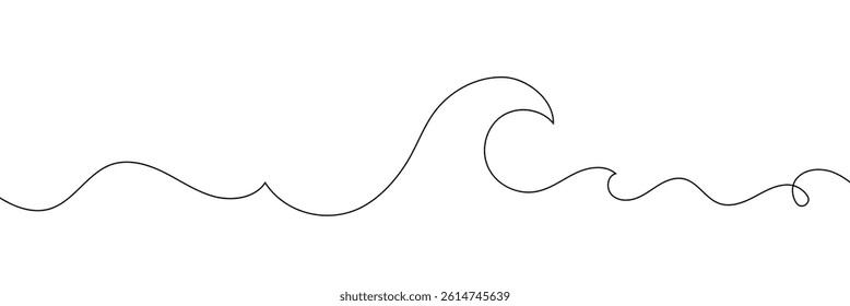 Single continuous line drawing surf ocean waves isolated on white background, also logo idea. Water splashes wave twirl isolated surge sparks breaker. One line draw graphic design vector illustration