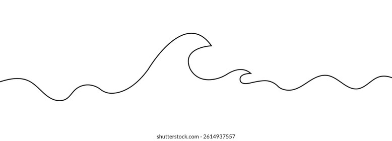 Single continuous line drawing surf ocean waves isolated on white background, also logo idea. Water splashes wave twirl isolated surge sparks breaker. One line draw graphic design vector illustration.