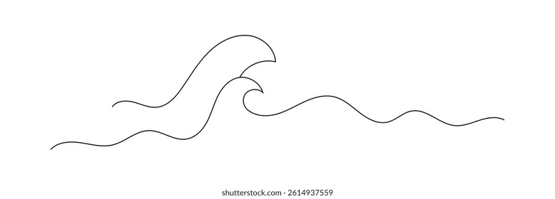 Single continuous line drawing surf ocean waves isolated on white background, also logo idea. Water splashes wave twirl isolated surge sparks breaker. One line draw graphic design vector illustration.