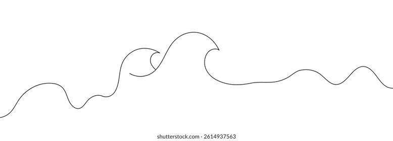 Single continuous line drawing surf ocean waves isolated on white background, also logo idea. Water splashes wave twirl isolated surge sparks breaker. One line draw graphic design vector illustration.