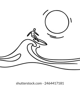 Single continuous line drawing surfer in action riding the waves. Watersport concept. Summer vacation.