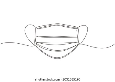 Single Continuous Line Drawing Surgical Face Mask. Medical Protective Masks. Corona Virus Protection Mask With Ear Loop, In A Front, Three Ply. Dynamic One Line Draw Graphic Design Vector Illustration