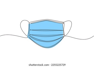 Single continuous line drawing surgical face mask. Medical protective masks. Corona virus protection mask with ear loop, in a front, three ply. Dynamic one line draw graphic design vector illustration