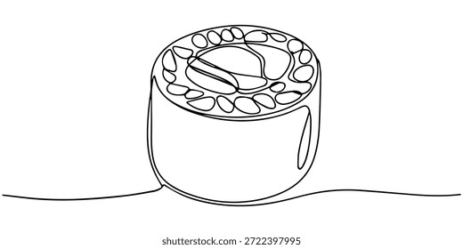 Un solo dibujo de línea continua de un rollo de sushi, aislado en el sushi es simple y elegante, con líneas fluidas, Vector continuo de una sola línea de dibujo de rollos de sushi en silueta sobre un blanco.