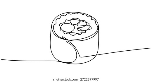 Un solo dibujo de línea continua de un rollo de sushi, aislado en el sushi es simple y elegante, con líneas fluidas, Vector continuo de una sola línea de dibujo de rollos de sushi en silueta sobre un blanco.