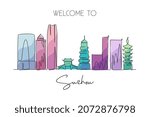 Single continuous line drawing of Suzhou city skyline, China. Famous city scraper and landscape wall decor poster. World travel concept. Editable stroke modern one line draw design vector illustration