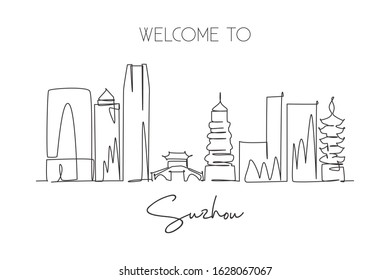Single continuous line drawing of Suzhou city skyline, China. Famous city scraper and landscape wall decor poster. World travel concept. Editable stroke modern one line draw design vector illustration