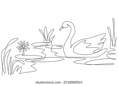 Single continuous line drawing a swan is gracefully swimming in a wetland. The beauty and elegance of nature. Combining to create tranquility. World Wetlands Day. One line design vector illustration