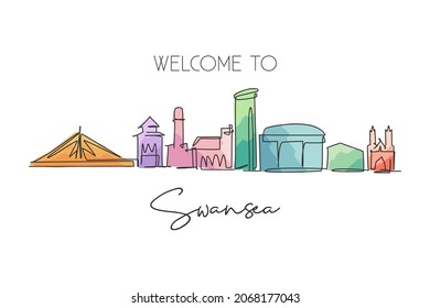 Single continuous line drawing of Swansea city skyline, United Kingdom. Famous city landscape. World travel concept home wall decor poster print art. Modern one line draw design vector illustration