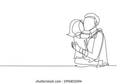 Single continuous line drawing sweet little girl is hugging and kissing her handsome daddy in cheek while sitting on bed at home. Fathers day. Dynamic one line draw graphic design vector illustration