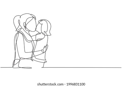 Single continuous line drawing sweet little girl is hugging and kissing her beautiful mom in cheek while sitting on bed at home. Mothers day. Dynamic one line draw graphic design vector illustration