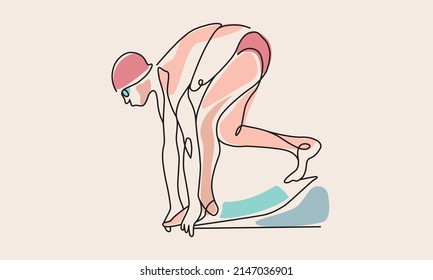 Un solo plano continuo de salto de natación. Un nadador se sumerge en la piscina. Comienzo competitivo. Concepto de estilo de vida saludable. Ilustración gráfica del vector de diseño de una línea