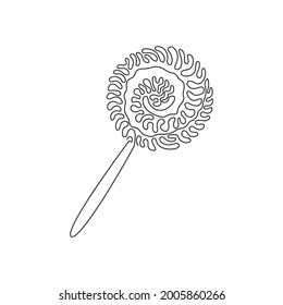 Single continuous line drawing swirl lollipops. Colored sugar candies for dessert. Sweet candy on stick with twisted design. Swirl curl style. Dynamic one line draw graphic design vector illustration