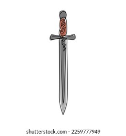 Single continuous line drawing sword icon, metal sword, European straight swords, Asia sword, realistic sword isolated. European straight swords. Daggers and knife. One line draw graphic design vector