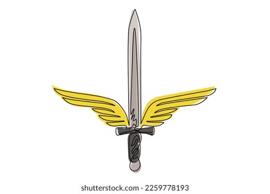 Single continuous line drawing sword wings icon template. Black and white winged sword logo with elegant outspread wings and feathers for logo design. Dynamic one line draw graphic vector illustration